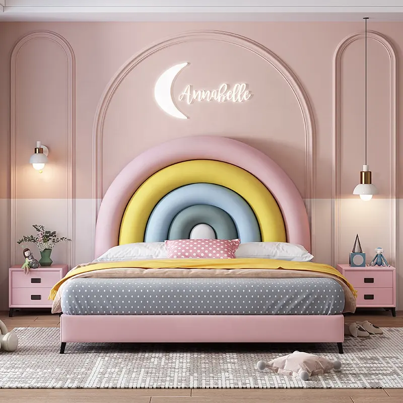 NOVA Madeira Sólida Crianças Camas Quadro Atacado Meninas Quarto Móveis Rosa Bonito Crianças Estofados Rainbow Bed Com Armazenamento