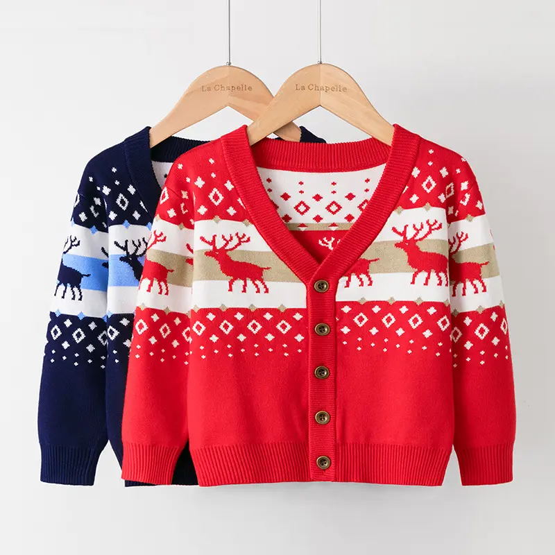 Children Boys V-Neck Button-Up Cardigan Sweater Casual Outerwear Kids Christmas Cotton Knit Sweaters