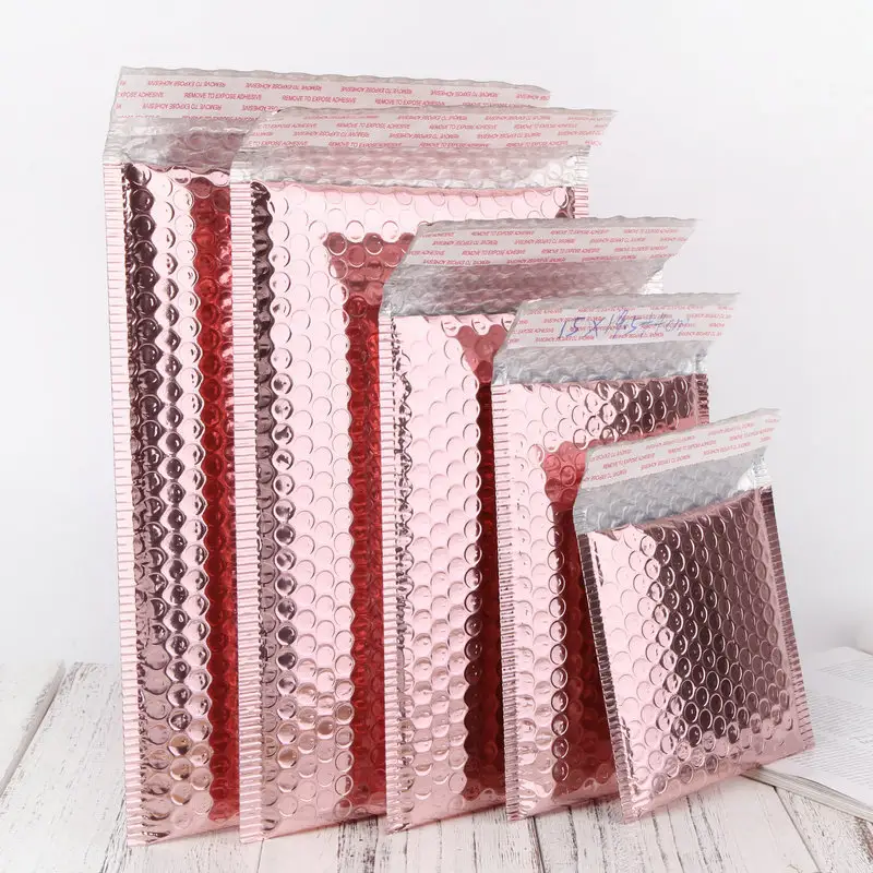 Sobres de plástico con impresión personalizada, papel metalizado, rosa dorado, para correo, bolsa acolchada de poliéster