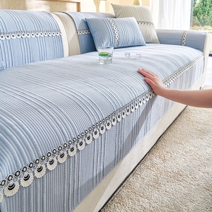 Sarung Bantal <span class=keywords><strong>Sofa</strong></span> Rajut Motif Garis Vertikal Gaya Krim, Sejuk untuk Musim Panas, Bahan Bernapas Ramah Kulit, Anti Selip, Anti Goresan Kucing - Product Image 3