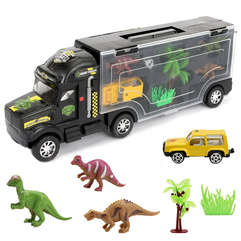 Produsen Hot Sale Diecast Mainan Kendaraan Model Transportasi Truk Pengangkut Mobil Mainan dengan Dinosaurus Mainan untuk Anak-anak