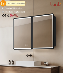 Armoire à pharmacie rectangulaire à double porte noire à montage en surface, avec cadre en métal, armoire de salle de bain arrondie avec miroir en acier - Product Image 1