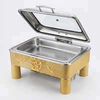 Plat de service rectangulaire de luxe en acier inoxydable doré, chauffe-plat de buffet avec couvercle transparent, chauffage à l'alcool pour hôtel