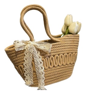 French Style Bow Knot Woven Tote Bag For Women Solid Color Lace <b>Material</b> Horizontal Square Shape Everyday Outfits Spring 2023 - Product Image 4