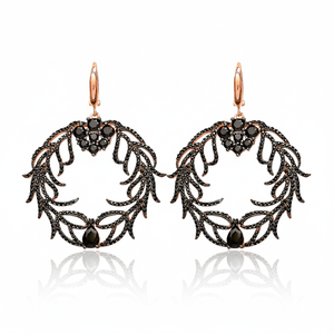 Silver Ivy Design <b>Dangle</b> <b>Earring</b> <b>Black</b> Zircon Stone Round <b>Earrings</b> Turkish Handcrafted Wholesale 925 Sterling Silver Jewelry - Product Image 2