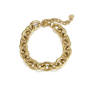 Hot Chunky Jewelry Oval Shape 9mm Stainless Steel Chain Bracelet PVD Gold Plating Charm Bracelets