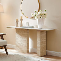 Table console en marbre travertin blanc minimaliste moderne avec base trépied en pierre naturelle à trois pieds