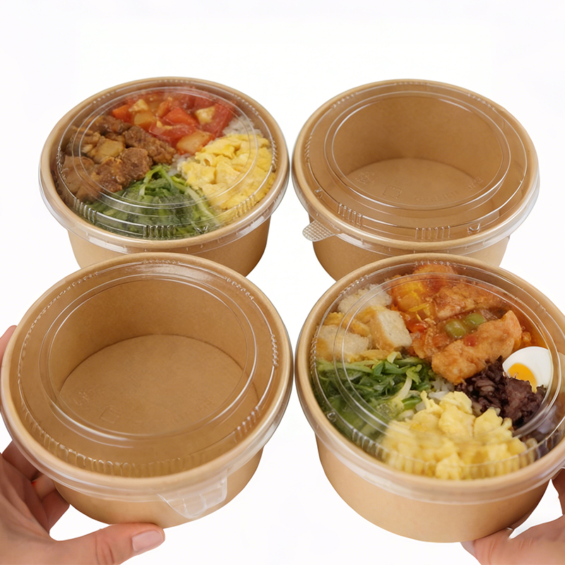 Craft Paper Disposable Salad Bowl with Lid for Light Foods Multi-Specification Takeaway Fruit Salad Paper Plates Bowls Packaging