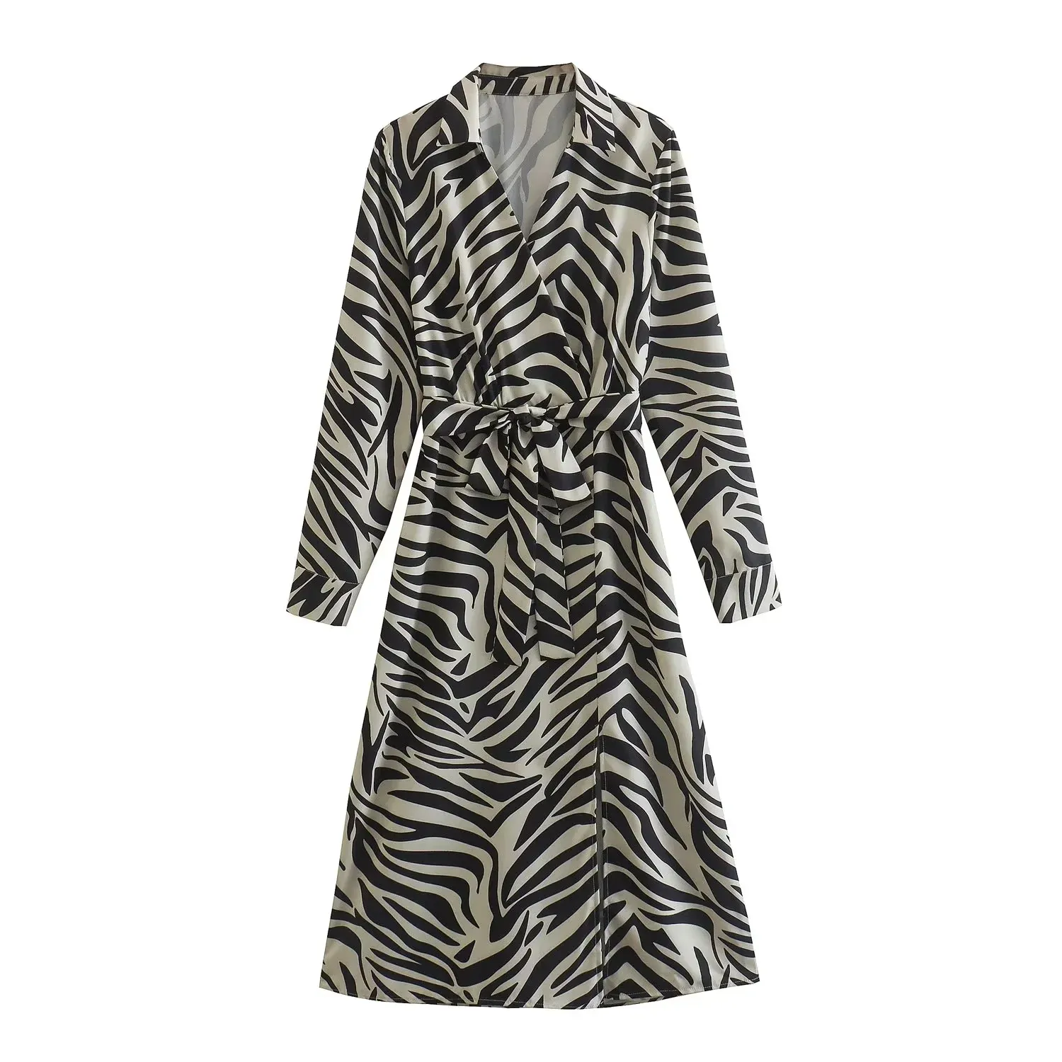 Black and white color long sleeve sashes turn down collar animal print women casual shirt dress