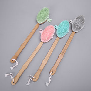 Silicone Bath Brush Oval Long Handle Bamboo Massage Scrubber For Back Cleaning - Product Image 3
