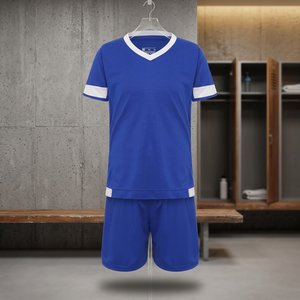 Conjunto de Camiseta de Fútbol con Cuello en V Azul para Niños, Manga Corta, Pantalones Cortos con Cintura Elástica que Absorben la Humedad, Color Sólido, Poliéster, para Todas las Temporadas - Product Image 2