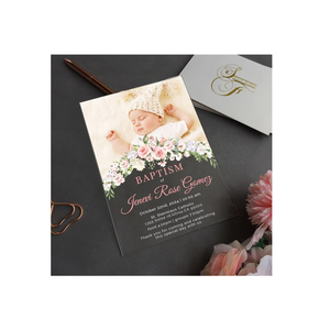 Primera Comunión Bautizo Blush Flores blancas Acrílico Tarjeta <span class=keywords><strong>de</strong></span> invitación para niña bebé Bautismo con imagen - Product Image 1