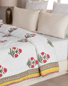 Handmade Red Poppy Floral Cotton <b>Quilt</b> Reversible Block Print <b>Bedspread</b> Soft Lightweight Bedding - Product Image 1
