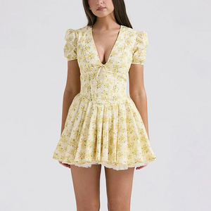 Mini abito con scollo a V personalizzato di alta qualità da donna stampa floreale <span class=keywords><strong>giallo</strong></span> estate stampa a sbuffo a manica corta stampa digitale - Product Image 2