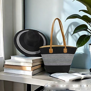 IStapromo Gifts High Quantity Custom Summer Beach Strip <b>Sun</b> <b>Shade</b> Wide Brim Straw Hat One Shoulder Underarm Bag Set - Product Image 5