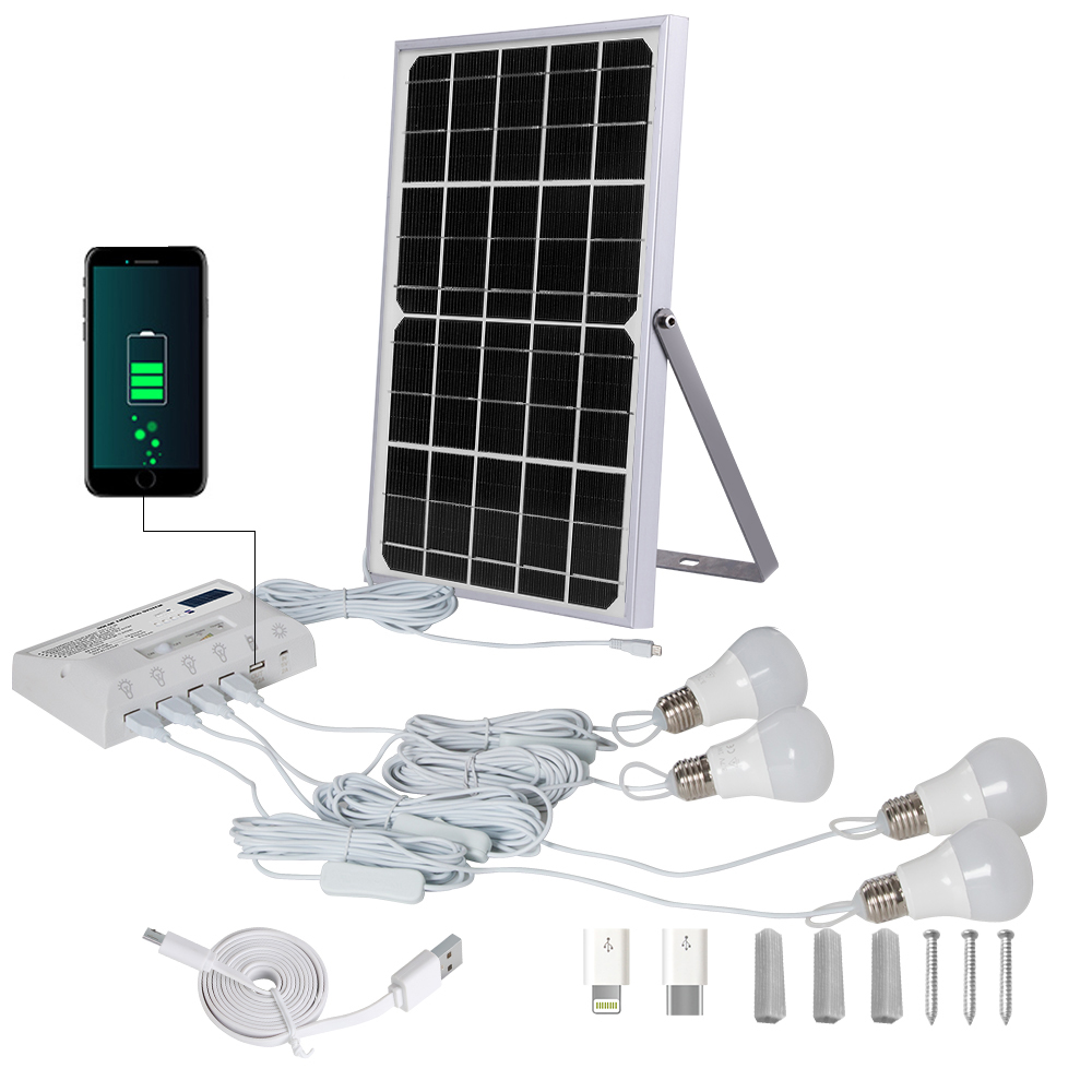 Mini sistema de iluminación de energía solar portátil para interiores para iluminación del hogar y carga de teléfonos