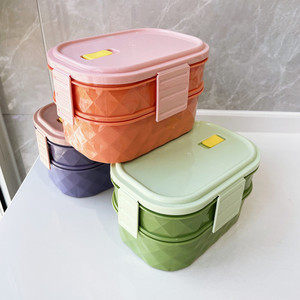 Simple Solid Color Double-Layer Lunch Box, Fruit Plastic Preservation Box, Large Capacity <b>Microwave</b> Lunch Box - Product Image 4