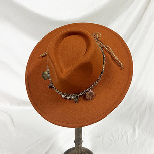 2025 nouveau concepteur grand bord Fedora chapeaux femmes en gros mode haute qualité Vintage plat large bord Fedora feutre chapeau avec coquille - Product Image 5