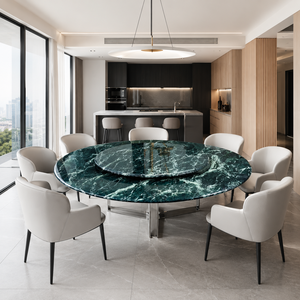 Table à manger ronde en marbre vert Alpi personnalisée, style moderne, 8 places, pieds en métal, meubles en pierre pour villa - Product Image 3