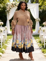 Robes pour femmes élégantes de haute qualité à manches longues imprimées de fleurs avec ceinture, taille plus, robes décontractées simples pour femmes