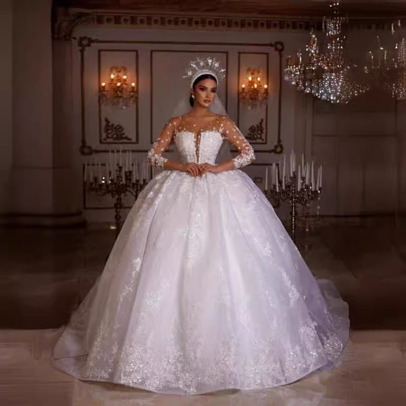 Wedding Dress Color Mesh Lace Long Sleeve High Waist Diamond Decoration 3D  Three-dimensional Flower Bridal Wedding Dress| Alibaba.com
