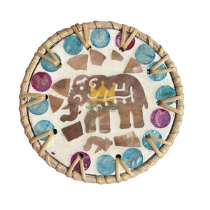 Natural Rattan and Shell Mosaic Coaster Set Handmade Round Drink Mats Coastal for Home Decor - Product Image 3