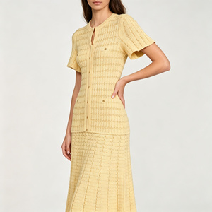 <strong>Women's</strong> <strong>Yellow</strong> Textured Knit Mixi <strong>Dress</strong> Short Sleeve Button-Front A-Line <strong>Dress</strong> Elegant Round <strong>Dresses</strong> for <strong>Women</strong> - Product Image 3