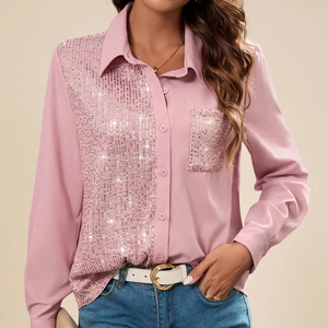 Camicetta Sexy da donna a manica lunga <span class=keywords><strong>con</strong></span> decorazione <span class=keywords><strong>con</strong></span> <span class=keywords><strong>paillettes</strong></span> sulla parte anteriore camicette da donna a tinta unita <span class=keywords><strong>con</strong></span> bottone anteriore - Product Image 1
