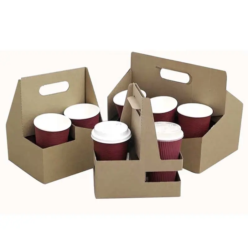 Taşınabilir oluklu kahverengi kağıt kahve ambalaj kağıdı bardak tutucu tepsi 2 4 6 bardak paketi paket servisi olan restoran içecek bira taşıyıcı kolu ile
