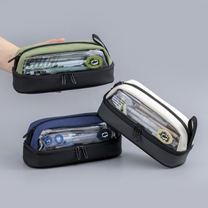 Trousse à crayons en toile grande capacité avec fenêtre transparente et fermeture éclair, pochette à stylos durable, sac de papeterie pour étudiants, bureau et usage quotidien - Product Image 1