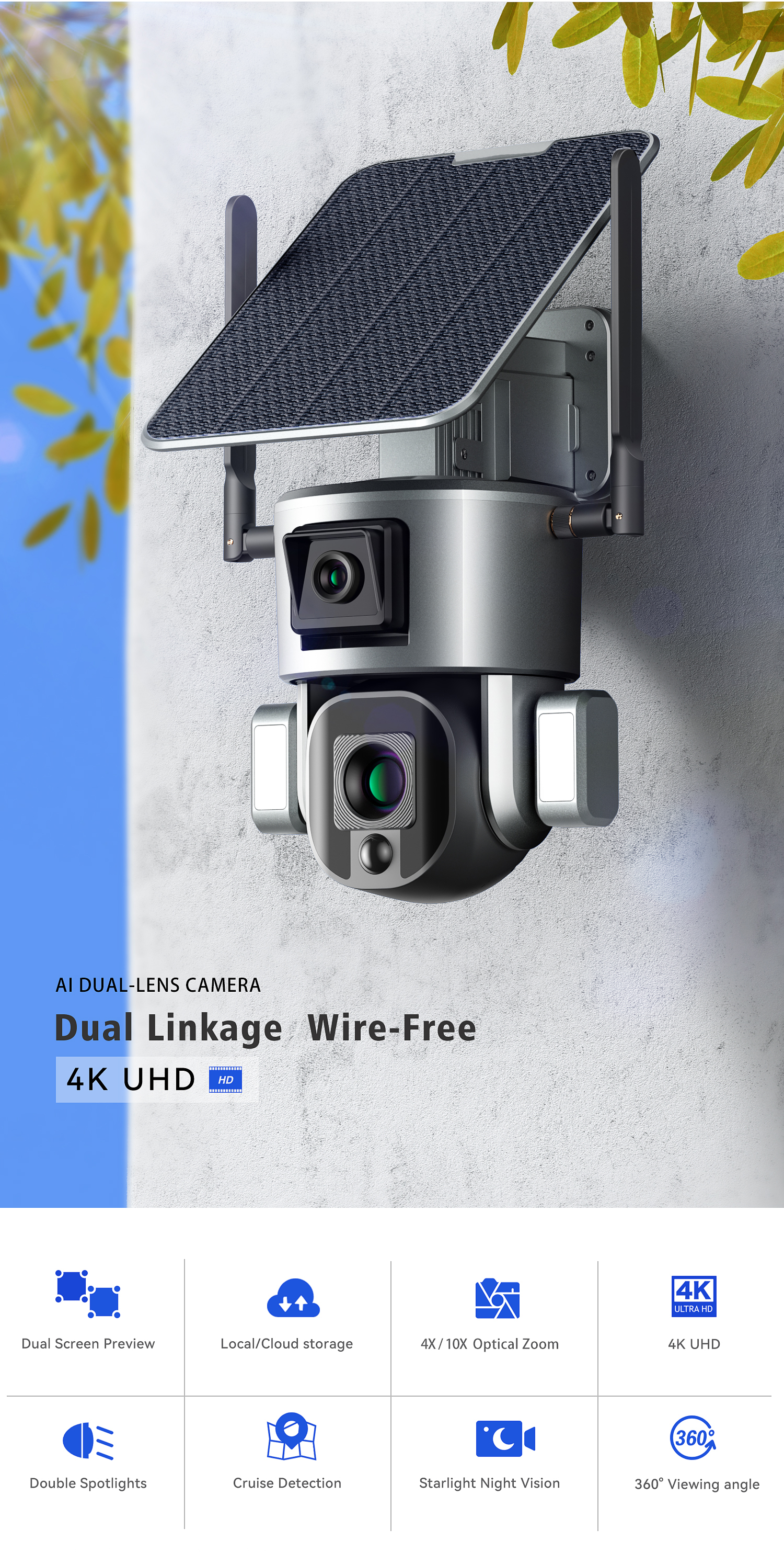 4K Dual Lens Solar WIFI Camera TF Card( Max 128GB) & Cloud IP66 Outdoor Waterproof Two-Way Audio Solar Panel 6W