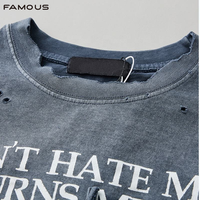 T-shirt tricoté surdimensionné vintage délavé à l'acide pour homme, déchiré et vieilli, avec imprimé graphique streetwear, impression sérigraphique personnalisée, vente en gros