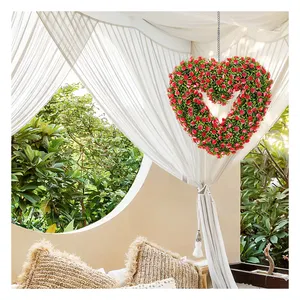 Hh-77 Home Decoration Faux Hanging Bamboo Leaves and Roses Heart Shape Artificial Flower Wreath