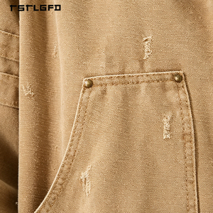 High Quality Khaki Utility Jacket Round Collar Wooden <b>Button</b> Front Two Patch Pockets Hem Drawstring Oversized Fit Jacket - Product Image 6