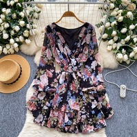 Gaun Chiffon Wanita Model Bungkus Bermotif Bunga Musim Gugur 2026, Kerah V, Dilengkapi Sabuk Gesper, Ruffle Bertingkat, Lengan Bishop, Gaya Resort, Girly