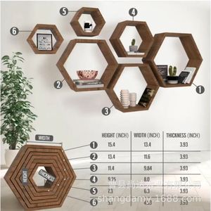 Cross-border wooden <b>wall</b>-<b>mounted</b> hexagonal grid storage rack for home living room background minimalist decorative <b>shelf</b> - Product Image 3