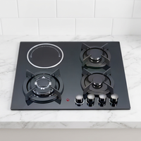 Table de cuisson hybride encastrable 4 feux avec 3 brûleurs à gaz et 1 zone à induction en verre noir