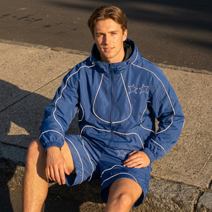 Custom Logo <b>Men</b>’s Nylon Windbreaker <b>Jacket</b> and Shorts Set Lightweight Reflective Piping Two Piece Streetwear Tracksuit - Product Image 1