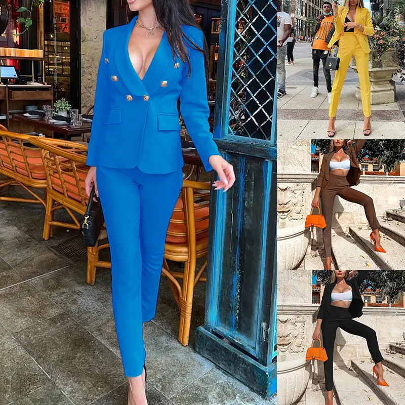 Solid Color Business Meeting Office Ladies 2 Piece Set Blazers Suits Women Sexy Formal Jackets High Waist Suit Pants Set Female