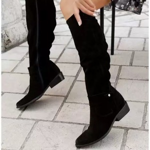 Botas de Ante de Caña Alta para Mujer, Otoño-Invierno 2025, Novedad de Comercio Exterior Transfronterizo, Tacón Bajo, Cremallera Lateral, Tallas 40-43, Diseño Liso - Product Image 1