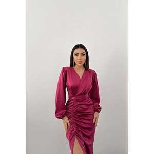 Vestido de Fiesta de Satén Fucsia al por Mayor, Cuello en V, Cintura Imperio, Estilo Simple para Eventos Formales, Bodas y Fiestas, Tallas de la XS a la XL - Product Image 3