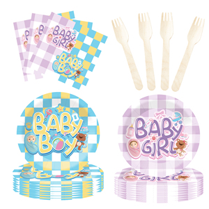 Juego de vajilla desechable para fiesta de revelación de género de bebé DAMAI, platos de papel con diseño a cuadros para suministros de baby shower, para 8 personas. - Product Image 4