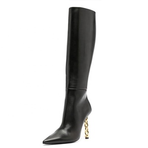 Bottes hautes uniques dorées pour femmes à talons fins, bout pointu, talon aiguille, grandes tailles 44 - Product Image 3