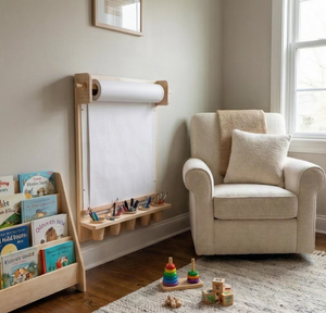 Tableau de dessin mural en bois Montessori pour enfants, gain de place, avec étagère de rangement et distributeur de rouleaux de papier - Product Image 2