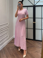 Robe midi élégante Joydressing en maille pointelle rose pour femme, col perlé, manches courtes, robes tricotées évasées, vente en gros, sur mesure