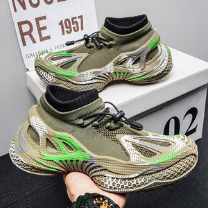 Men's <b>Black</b> Neon Green <b>Sock</b>-Slip-On Sneakers, 3D Printed Mesh Lightweight Non-Slip Sport Shoes - Product Image 3