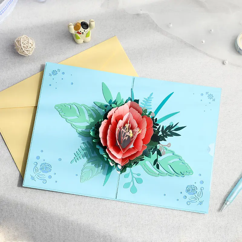 최고의 판매 3D 팝업 꽃 종이 인사말 카드 어머니의 날 선물 다채로운 인쇄, 레이저 조각 및 봉투 포장
