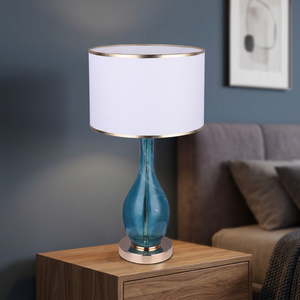 Modern PT24111 Table Lamp <b>White</b> Linen Shade Gold Edge Blue Glass-Plated Brass Body E26/E27 Decorative Lampholder Living Room - Product Image 2