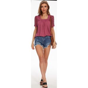 Top de manga abullonada para mujer, camisa informal de moda de verano de manga corta con cuello cuadrado de color sólido - Product Image 4