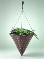 Panier suspendu en ciment sculpté à la main, forme cône, violet, marron, vert, avec doublure en plastique et supports métalliques, pour extérieur, maison, jardin, fleurs